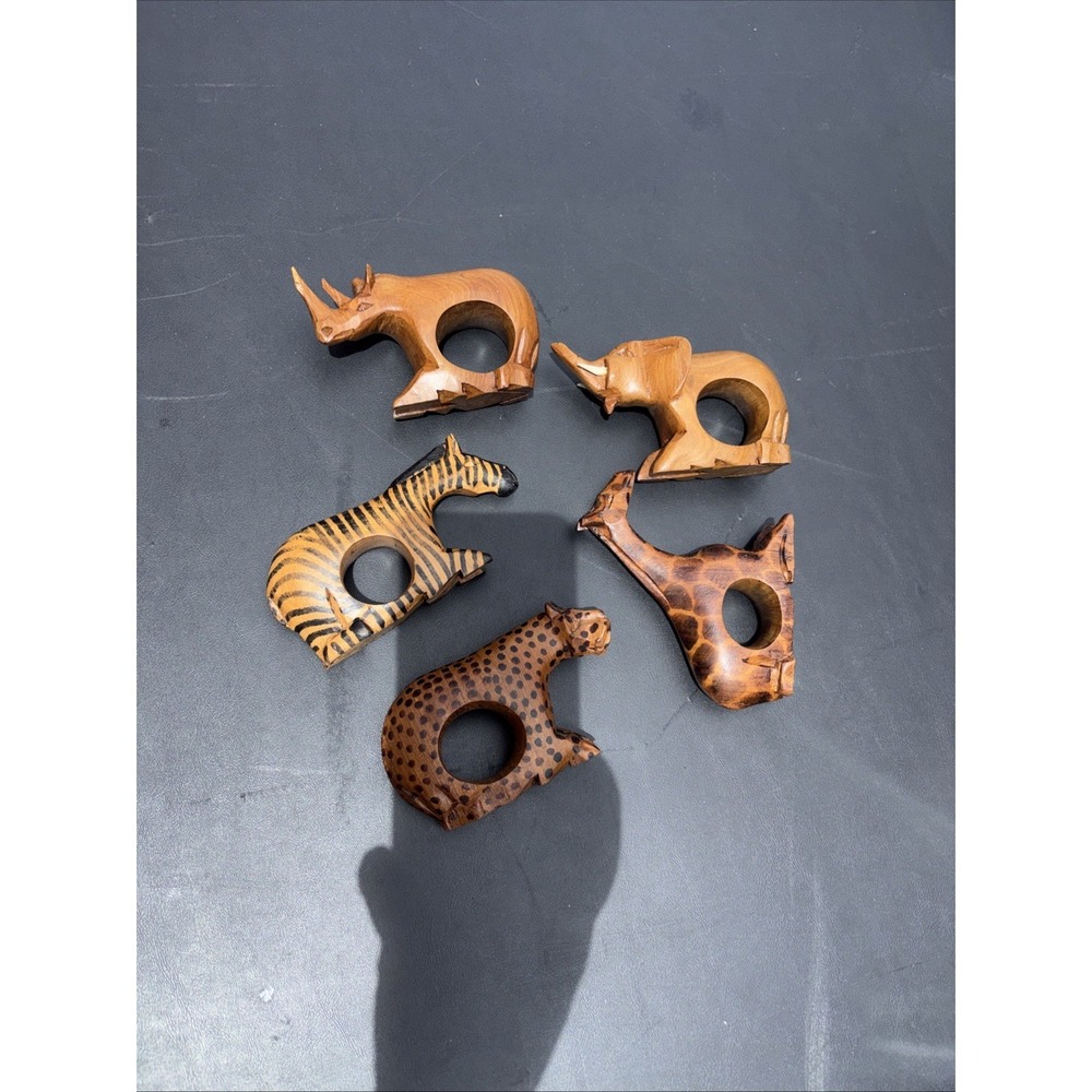 Safari Hand Carved Wooden Napkin Rings Set Of 5